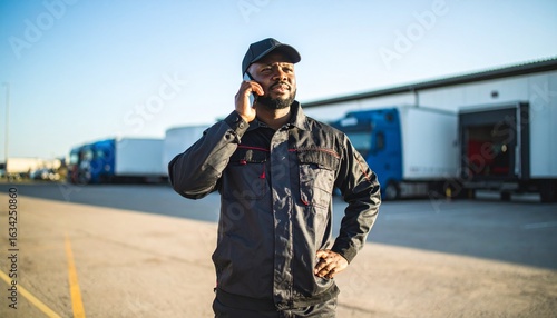 Generated image Black truck driver text messaging on cell phone on parking lot 
