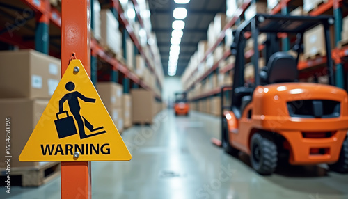 Warehouse accident with forklift near caution sign. Warehouse accident with forklift, danger of fall hazard in storage area.