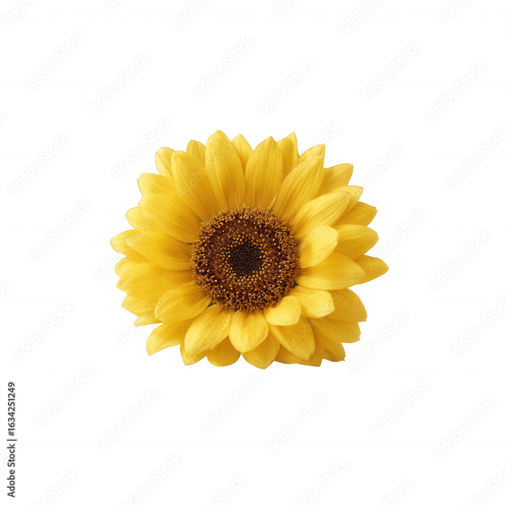 Fototapeta premium A vibrant sunflower with bright yellow petals and a dark center, isolated on a white background, perfect for use in nature-themed designs and graphics.