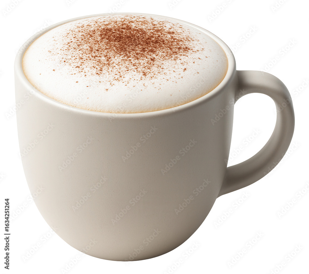 Fototapeta premium Decaf cappuccino in a ceramic mug with a thick foam layer dusted with cocoa powder.