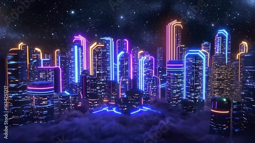 Futuristic city skyline illuminated by neon lights under a starry night