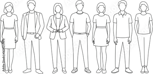 Line drawings of seven figures showcasing clothing styles from formal attire to casual wear, fashion illustration, dress codes, outfit diversity