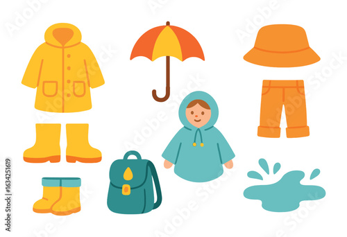 Rainy Day Fashion. Flat vector mini-illustrations casual fashion for rainy days in colors children's