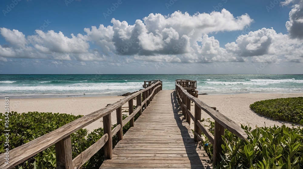 Fototapeta premium A serene wooden boardwalk leads to a tranquil beach, framed by lush greenery and an expansive sky filled with fluffy clouds.