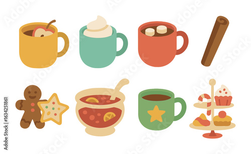 Festive Drinks & Treats. Flat vector mini-illustrations festive drinks and treats in colors children's