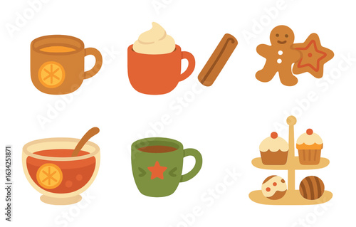 Festive Drinks & Treats. Flat vector mini-illustrations festive drinks and treats in colors children's