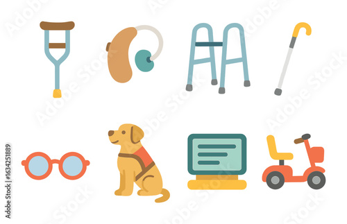 Assistive Devices Icons. Flat vector mini-illustrations assistive devices in advertising in colors children's