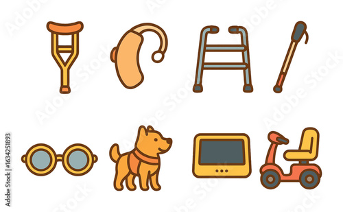 Assistive Devices Icons. Flat vector mini-illustrations assistive devices in advertising in colors children's