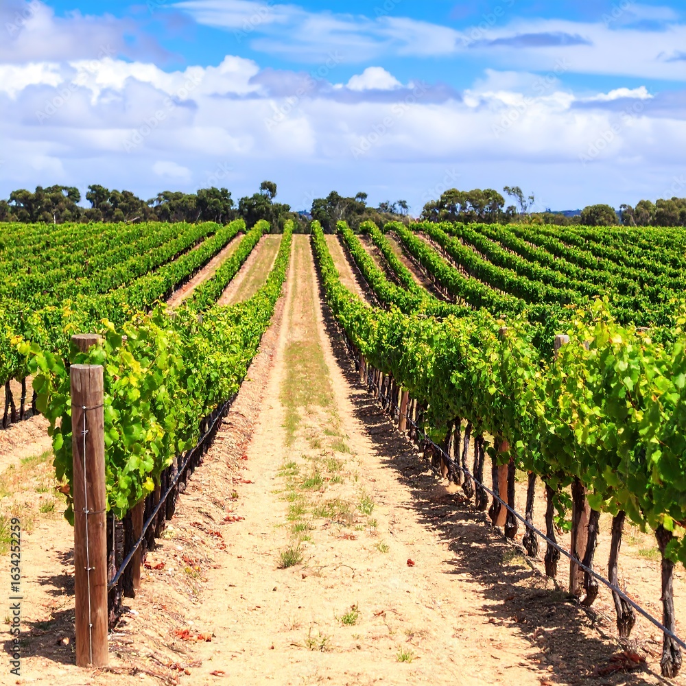 Fototapeta premium Vineyard rows under a vibrant sky (1)