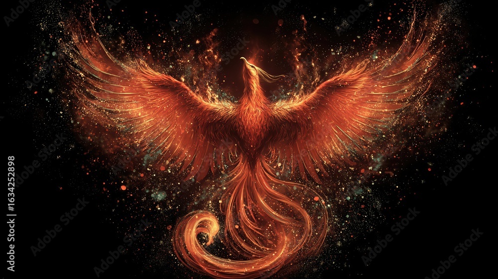 Obraz premium A majestic phoenix bursts from blazing flames, surrounded by swirling ashes against a dark background, symbolizing rebirth and eternal spirit. 
