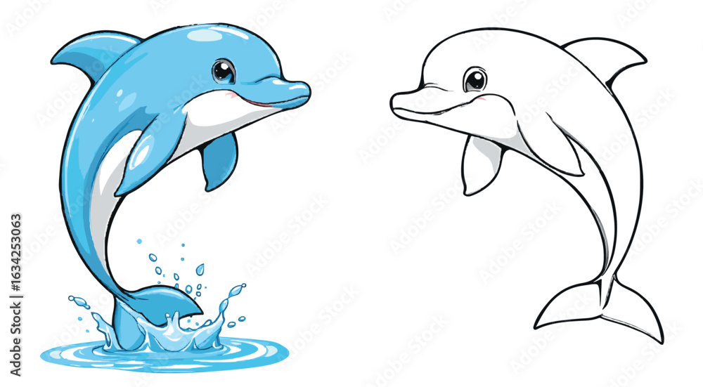 Obraz premium Cartoon Dolphin Pair – Colored and Outline Vector Dolphins Jumping and Swimming on White Background