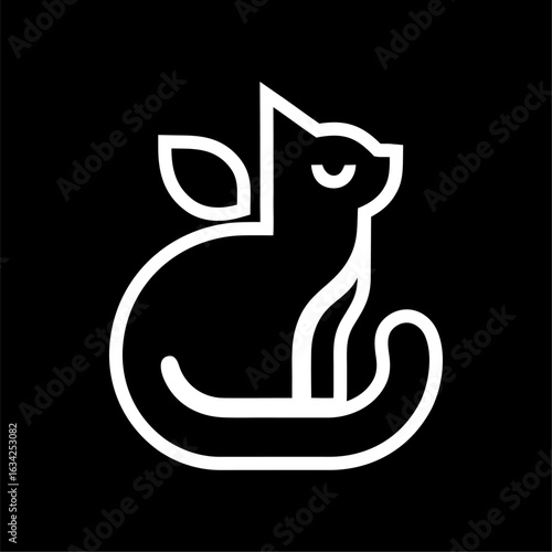 Eco Cat Line Art Icon with Leaf on Black Background. Minimalist white line icon of a sitting cat with a leaf on its back, symbolizing eco-friendly, nature, or organic pet themes. 

