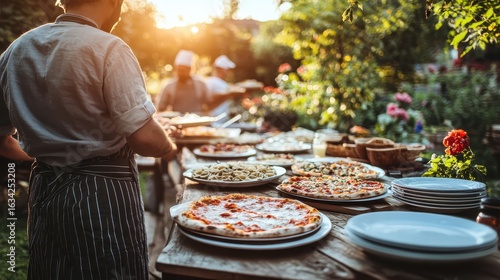 Outdoor Pizza Party with Chefs Preparing Food in Garden Setting