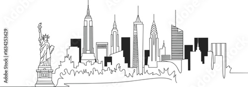 New York skyline line art with Statue of Liberty, Empire State Building, modern skyscrapers, minimalist cityscape illustration, urban architecture silhouette