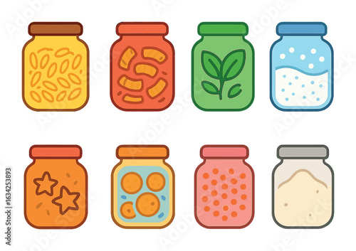 Colorful Kitchen Jars. Flat vector mini-illustrations Colorful kitchen storage jars in colors children's