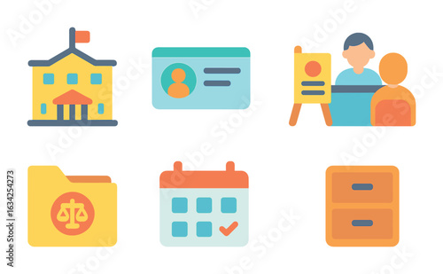 Government Services Icons. Flat vector mini-illustrations Government legal services in colors children's