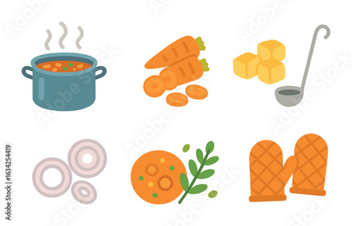 Cozy Stew Icons. Flat vector mini-illustrations Cooking a large pot of homemade stew for a cold day in colors