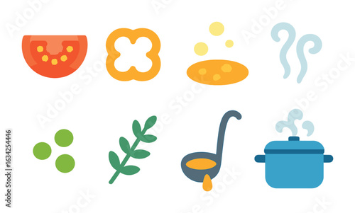 Colorful Cooking Icons. Flat vector mini-illustrations Simmering stew with fresh veggies in colors children's