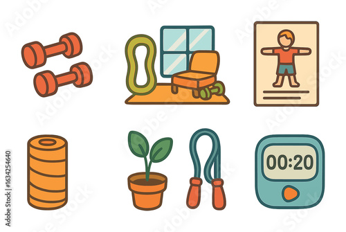Home Workout Icons. Flat vector mini-illustrations Home workout with dumbbells and resistance bands in colors