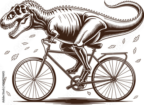 Sepia-toned illustration of Tyrannosaurus rex pedaling a classic bicycle with falling leaves, whimsical vintage juxtaposition of prehistoric and modern eras