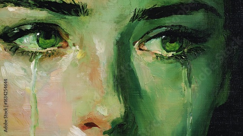 A haunting portrait of a woman with vivid green eyes and a greenish hue captures raw emotion as tears fall down her face.
