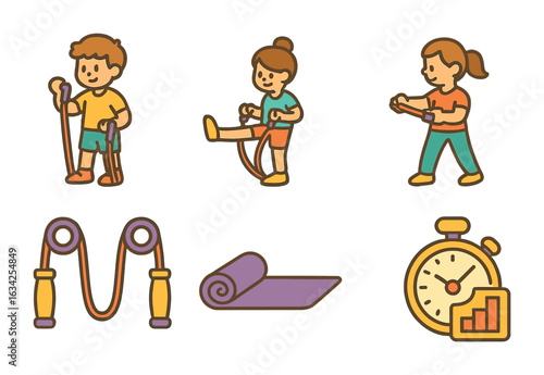 Colorful Exercise Bands Icons. Flat vector mini-illustrations Resistance bands for full-body exercises in