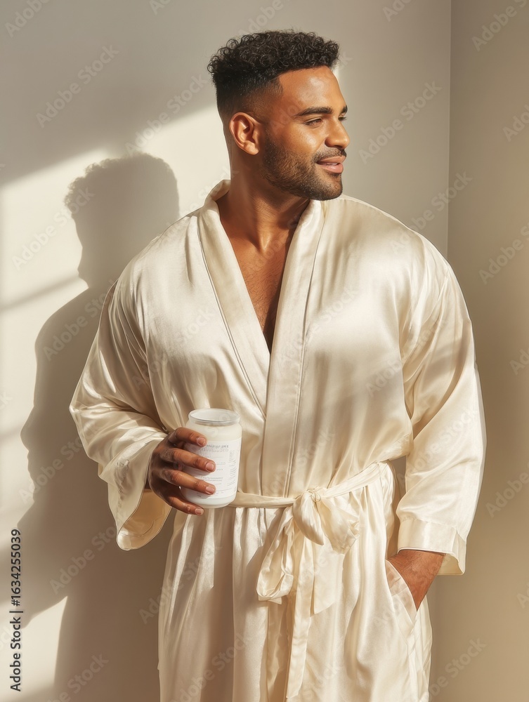 Man Relaxing in a Cream-Colored Robe While Sipping a Beverage in a Sunlit Indoor Setting