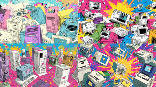 Fun retro pop art style illustration of colorful vending machines with bold comic backgrounds, perfect for urban and nostalgic themes.