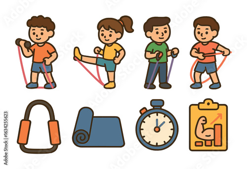 Colorful Exercise Bands Icons. Flat vector mini-illustrations Resistance bands for full-body exercises in