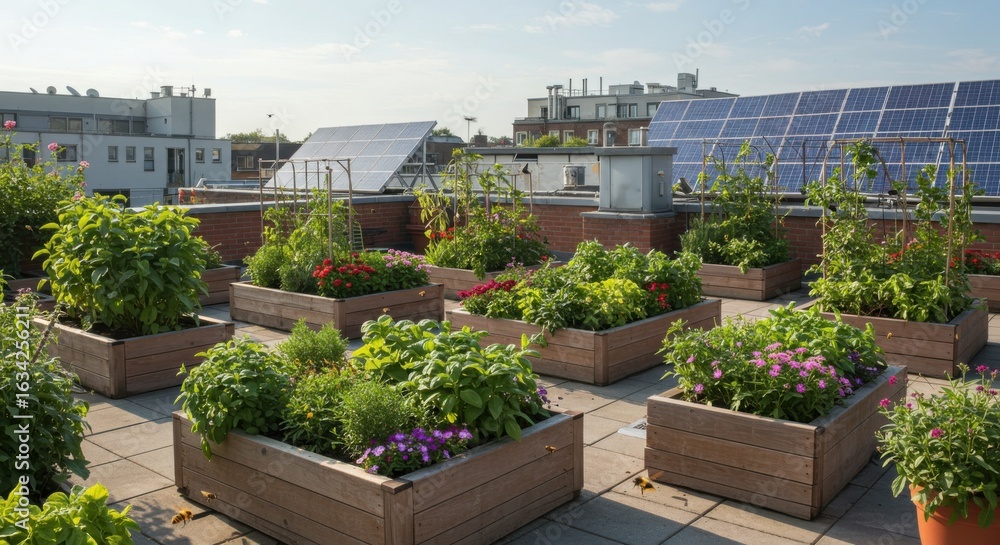 Fototapeta premium Rooftop urban garden with solar panels