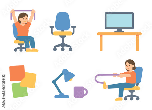 Desk Break Exercises. Flat vector mini-illustrations Desk break workout with resistance bands in colors