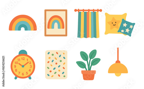 Children's Room Decor. Flat vector mini-illustrations Rugs that match colorful room themes in colors