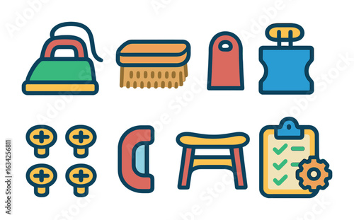 Snowboard Gear Prep Icons. Flat vector mini-illustrations Preparing snowboard gear in colors children's