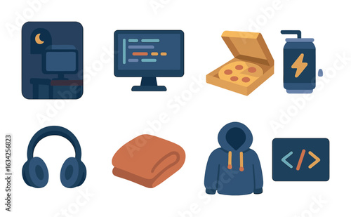 Night Coding Icons. Flat vector mini-illustrations Night coding session in colors children's illustrations: