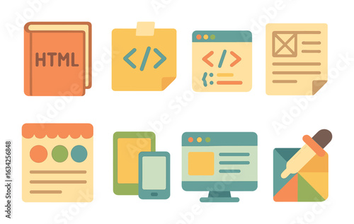 Colorful Dev Station Icons. Flat vector mini-illustrations Front-end developer station in colors children's