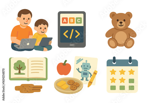 Kid-Friendly Coding Vibes. Flat vector mini-illustrations Coding with kids at home in colors children's