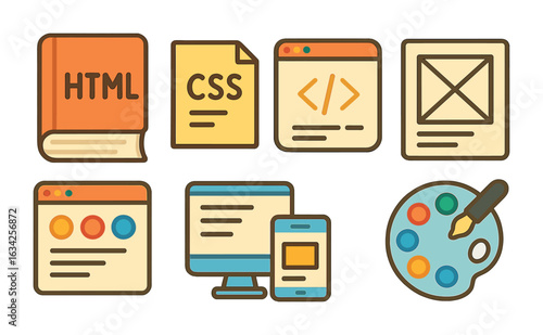 Colorful Dev Station Icons. Flat vector mini-illustrations Front-end developer station in colors children's