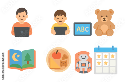 Kid-Friendly Coding Vibes. Flat vector mini-illustrations Coding with kids at home in colors children's