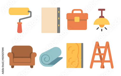 Basement Renovation Icons. Flat vector mini-illustrations Renovating a basement into a living space in colors