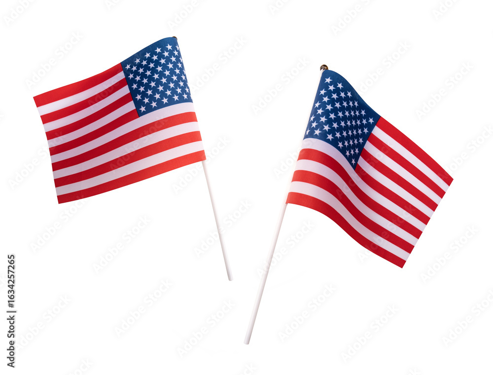 Fototapeta premium Small mini USA American flag with real rough fabric details and pole stick for hand held isolated on transparent background or png file.