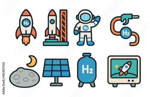 Space Exploration Icons. Flat vector mini-illustrations Hydrogen in space exploration in colors children's