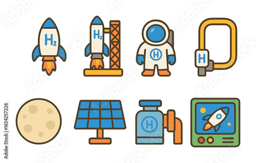Space Exploration Icons. Flat vector mini-illustrations Hydrogen in space exploration in colors children's