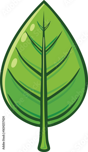 A vibrant, cartoon-style illustration of a single, green leaf with prominent veins.