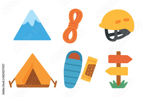 Kids' Trekking Adventure. Flat vector mini-illustrations Mountain trekking in colors children's illustrations: