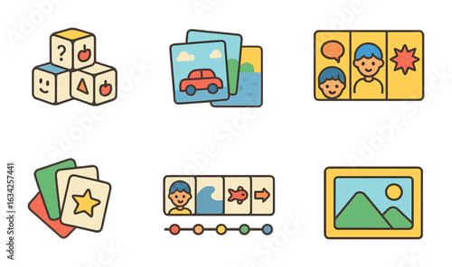 Colorful Storytelling Tools. Flat vector mini-illustrations Visual storytelling tools in colors children's