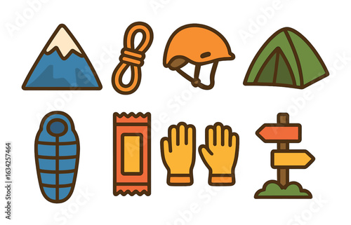 Kids' Trekking Adventure. Flat vector mini-illustrations Mountain trekking in colors children's illustrations: