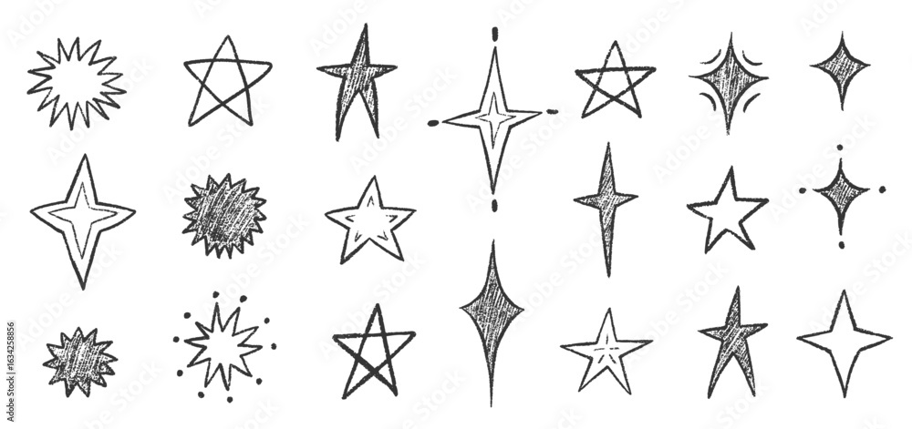Fototapeta premium Crayon Star Doodle Set in Hand-Drawn Style. Includes Spark Stars,