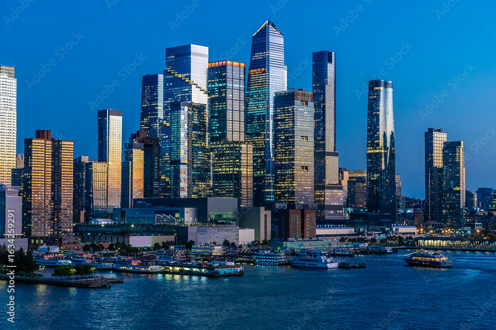 Naklejka premium A close up view south at dusk along the shoreline in Manhattan, New York, in the fall
