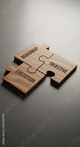Wooden Puzzle Pieces Representing Roadmap, Execution, and Objective