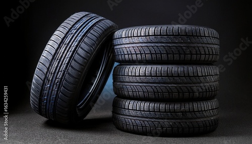 stack of four black car tires with one tire leaning against stack showing detailed tread patterns and rubber texture